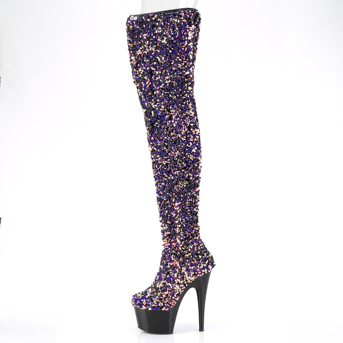 *7" Heel, 2 3/4" PF Sequin Thigh High Boot, Inside Zip (Pleaser ADO3020/BSQ/M)