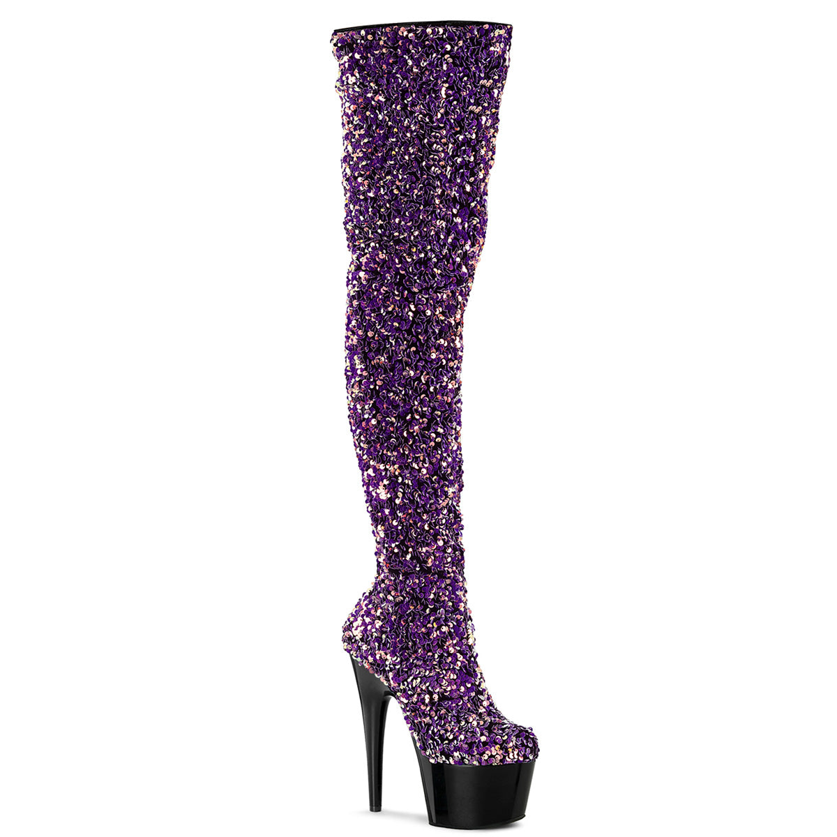 *7" Heel, 2 3/4" PF Sequin Thigh High Boot, Inside Zip (Pleaser ADO3020/BSQ/M)