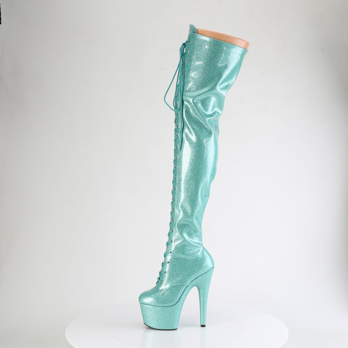 *7" Heel, 2 3/4" PF Lace-Up Stretch Thigh Boot, Side Zip (Pleaser ADO3020GP/AQG/M)