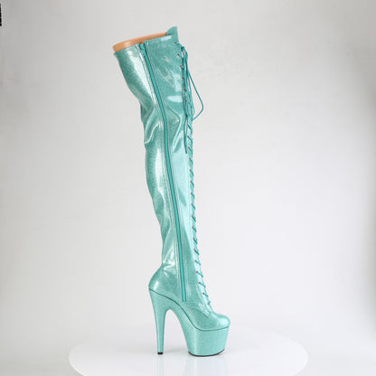 *7" Heel, 2 3/4" PF Lace-Up Stretch Thigh Boot, Side Zip (Pleaser ADO3020GP/AQG/M)