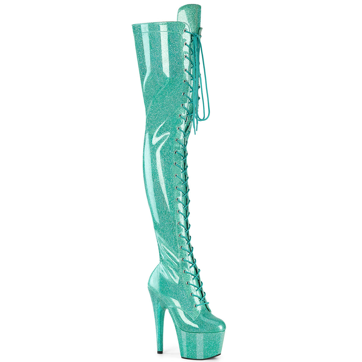 *7" Heel, 2 3/4" PF Lace-Up Stretch Thigh Boot, Side Zip (Pleaser ADO3020GP/AQG/M)