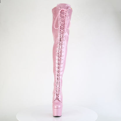 *7" Heel, 2 3/4" PF Lace-Up Stretch Thigh Boot, Side Zip (Pleaser ADO3020GP/AQG/M)