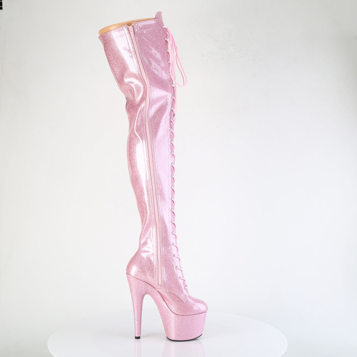 *7" Heel, 2 3/4" PF Lace-Up Stretch Thigh Boot, Side Zip (Pleaser ADO3020GP/AQG/M)