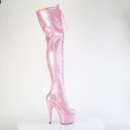 *7" Heel, 2 3/4" PF Lace-Up Stretch Thigh Boot, Side Zip (Pleaser ADO3020GP/AQG/M)