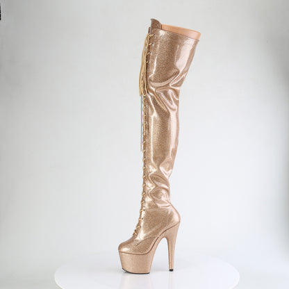 *7" Heel, 2 3/4" PF Lace-Up Stretch Thigh Boot, Side Zip (Pleaser ADO3020GP/AQG/M)