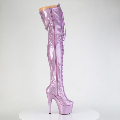 *7" Heel, 2 3/4" PF Lace-Up Stretch Thigh Boot, Side Zip (Pleaser ADO3020GP/AQG/M)
