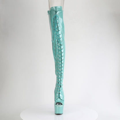 *7" Heel, 2 3/4" PF Peep Toe Lace-Up Thigh Boot, Side Zip (Pleaser ADO3021GP/AQG/M)