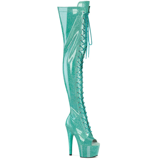 *7" Heel, 2 3/4" PF Peep Toe Lace-Up Thigh Boot, Side Zip (Pleaser ADO3021GP/AQG/M)