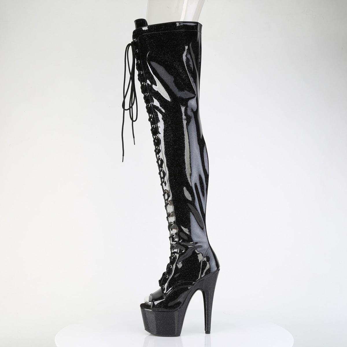 *7" Heel, 2 3/4" PF Peep Toe Lace-Up Thigh Boot, Side Zip (Pleaser ADO3021GP/AQG/M)