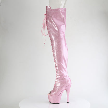 *7" Heel, 2 3/4" PF Peep Toe Lace-Up Thigh Boot, Side Zip (Pleaser ADO3021GP/AQG/M)