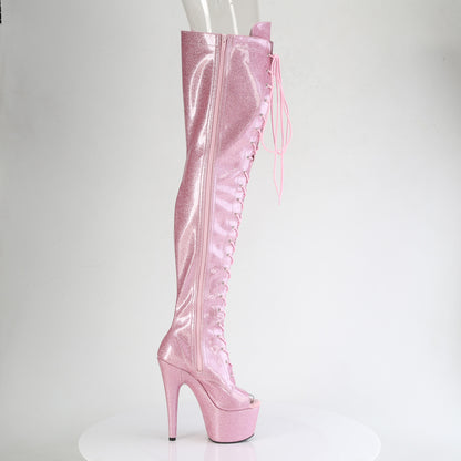 *7" Heel, 2 3/4" PF Peep Toe Lace-Up Thigh Boot, Side Zip (Pleaser ADO3021GP/AQG/M)