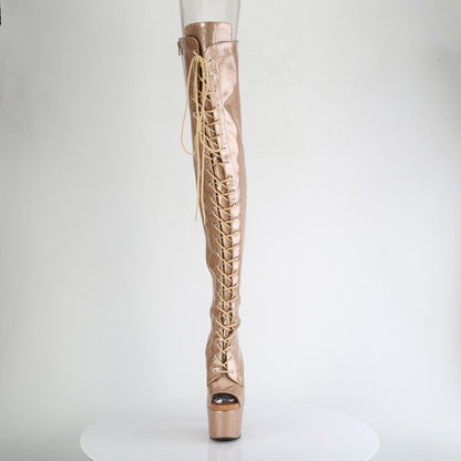 *7" Heel, 2 3/4" PF Peep Toe Lace-Up Thigh Boot, Side Zip (Pleaser ADO3021GP/AQG/M)
