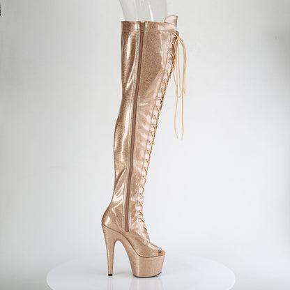 *7" Heel, 2 3/4" PF Peep Toe Lace-Up Thigh Boot, Side Zip (Pleaser ADO3021GP/AQG/M)