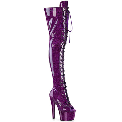 *7" Heel, 2 3/4" PF Peep Toe Lace-Up Thigh Boot, Side Zip (Pleaser ADO3021GP/AQG/M)