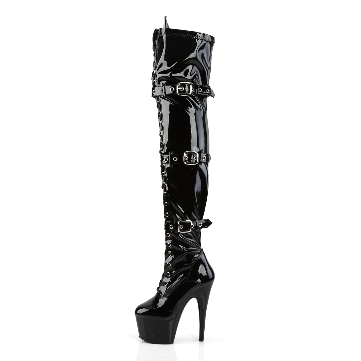 7" Heel, 2 3/4" PF Laceup Triple-Buckle Thigh Boot, Side Zip (Pleaser ADO3028/B/M)