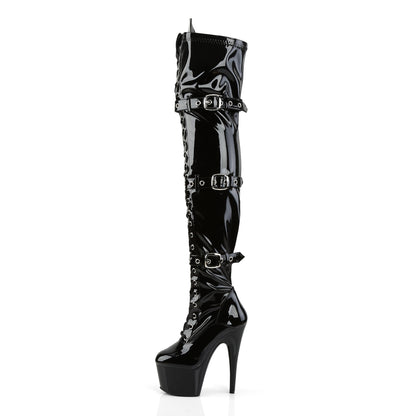 7" Heel, 2 3/4" PF Laceup Triple-Buckle Thigh Boot, Side Zip (Pleaser ADO3028/B/M)