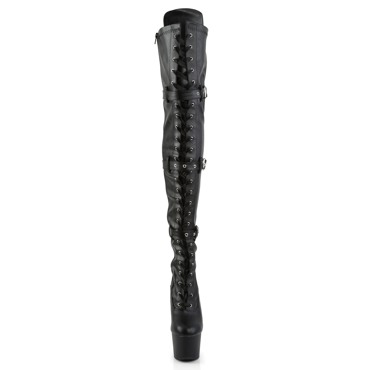 7" Heel, 2 3/4" PF Laceup Triple-Buckle Thigh Boot, Side Zip (Pleaser ADO3028/B/M)