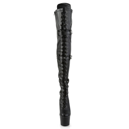 7" Heel, 2 3/4" PF Laceup Triple-Buckle Thigh Boot, Side Zip (Pleaser ADO3028/B/M)
