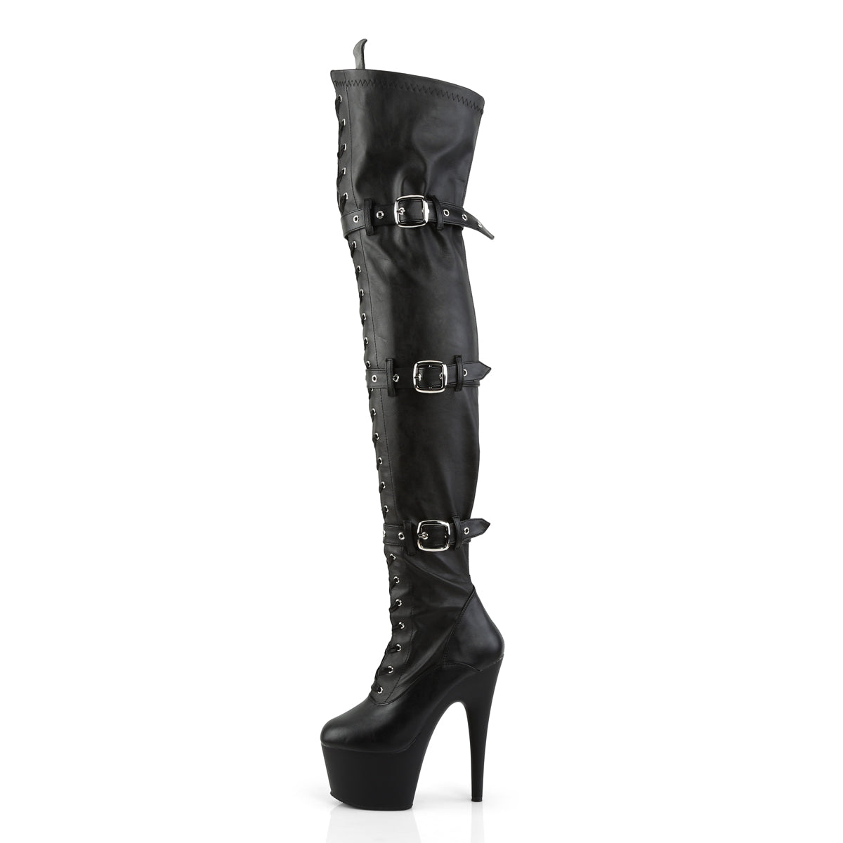 7" Heel, 2 3/4" PF Laceup Triple-Buckle Thigh Boot, Side Zip (Pleaser ADO3028/B/M)
