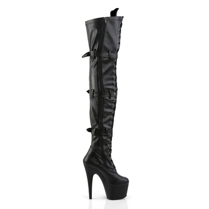 7" Heel, 2 3/4" PF Laceup Triple-Buckle Thigh Boot, Side Zip (Pleaser ADO3028/B/M)