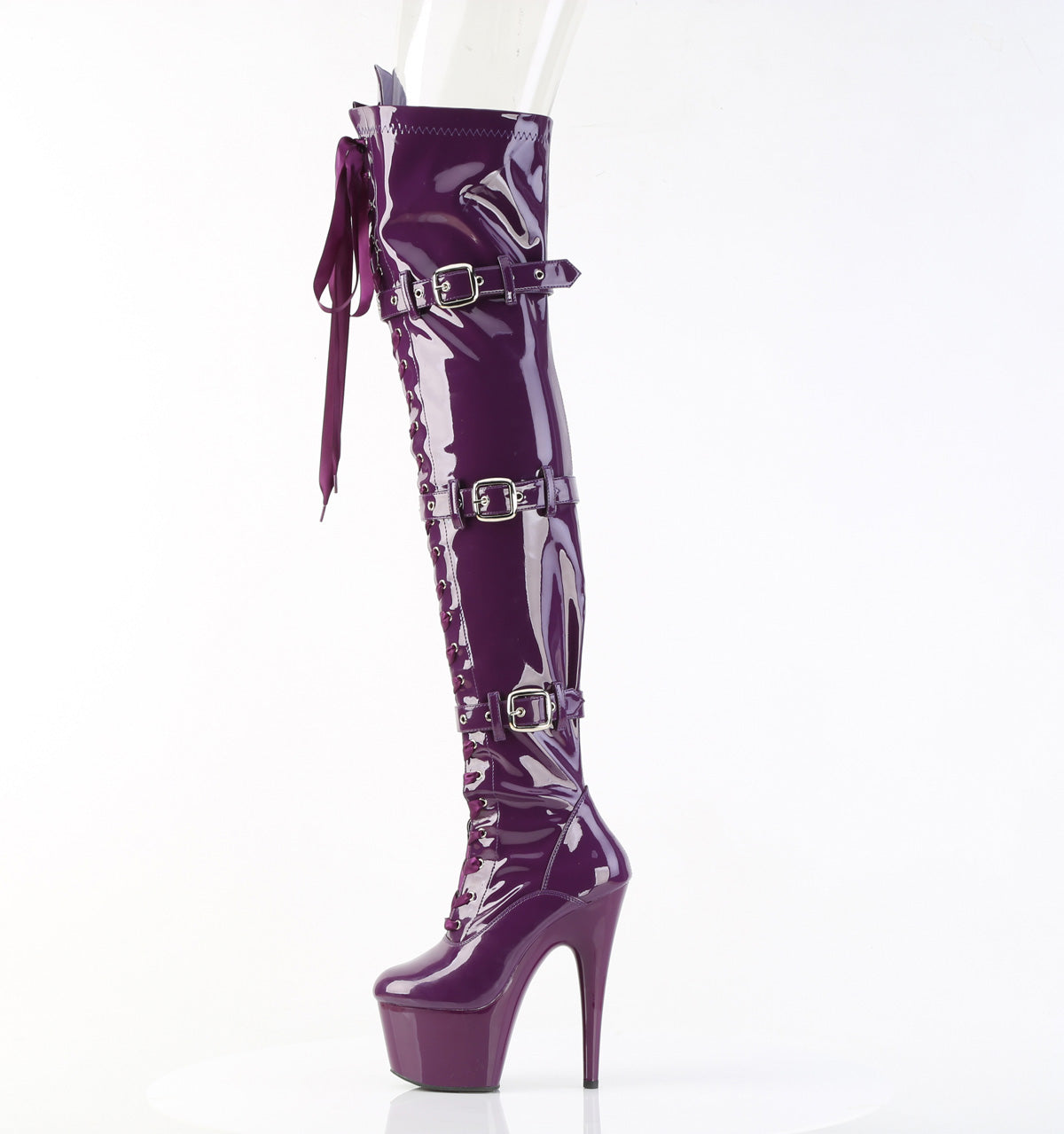 7" Heel, 2 3/4" PF Laceup Triple-Buckle Thigh Boot, Side Zip (Pleaser ADO3028/B/M)