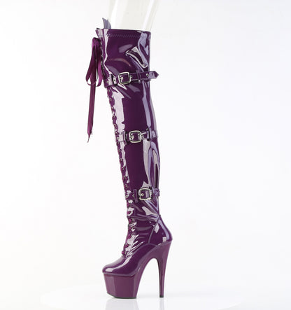 7" Heel, 2 3/4" PF Laceup Triple-Buckle Thigh Boot, Side Zip (Pleaser ADO3028/B/M)