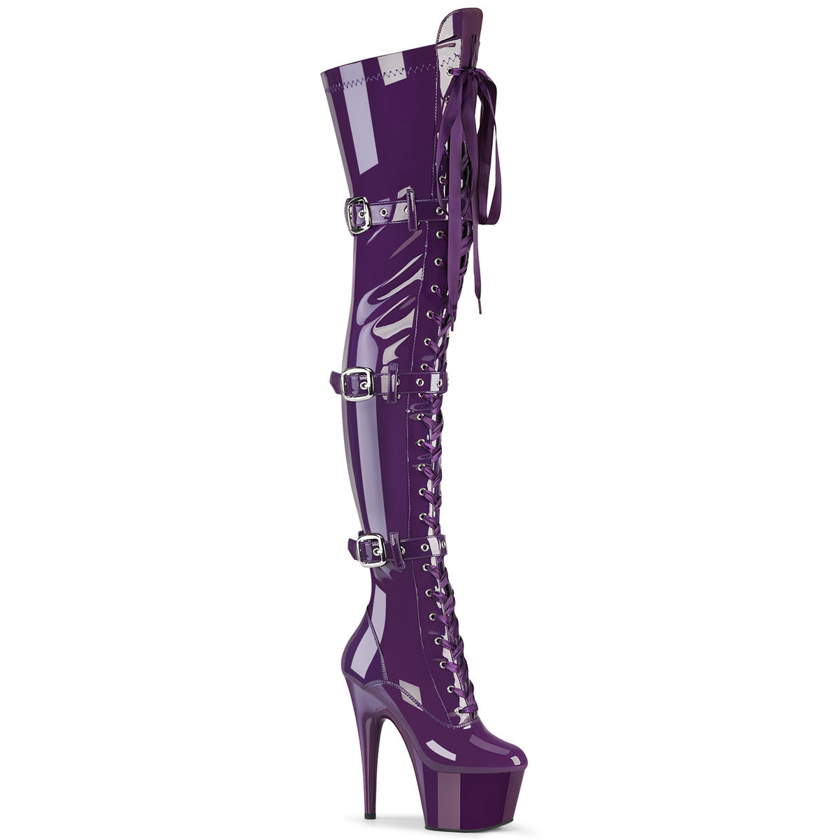 7" Heel, 2 3/4" PF Laceup Triple-Buckle Thigh Boot, Side Zip (Pleaser ADO3028/B/M)