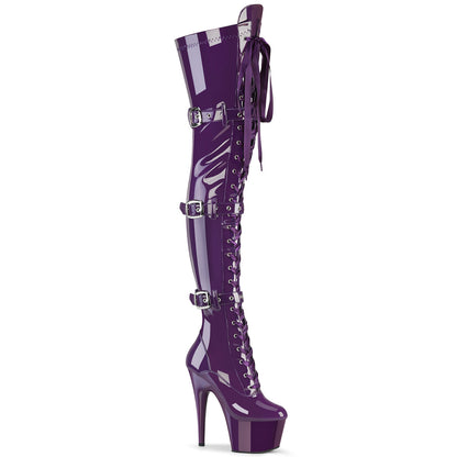 7" Heel, 2 3/4" PF Laceup Triple-Buckle Thigh Boot, Side Zip (Pleaser ADO3028/B/M)