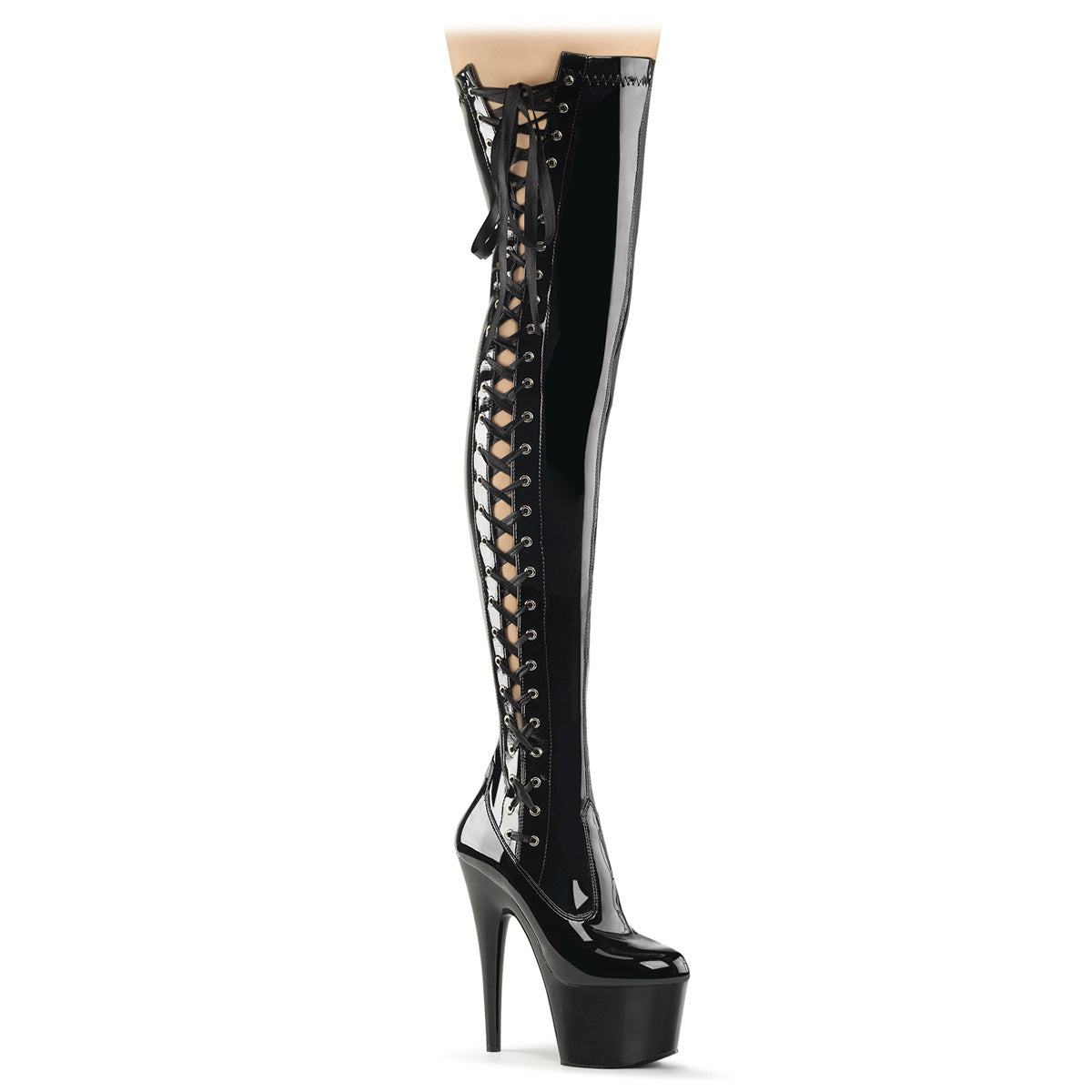 7" Heel, 2 3/4" PF Thigh Boot w/Side Ribbon Lace, Side Zip (Pleaser ADO3050/B/M)