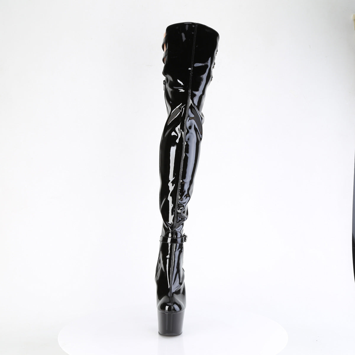 7" Heel, 2 3/4" PF Stretch Buckle Strap Thigh Boot, Side Zip (Pleaser ADO3055/B/M)