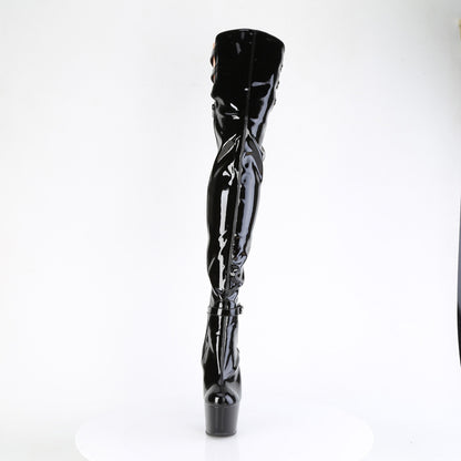 7" Heel, 2 3/4" PF Stretch Buckle Strap Thigh Boot, Side Zip (Pleaser ADO3055/B/M)