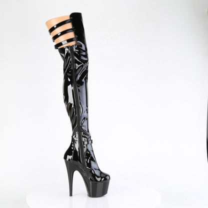 7" Heel, 2 3/4" PF Stretch Buckle Strap Thigh Boot, Side Zip (Pleaser ADO3055/B/M)