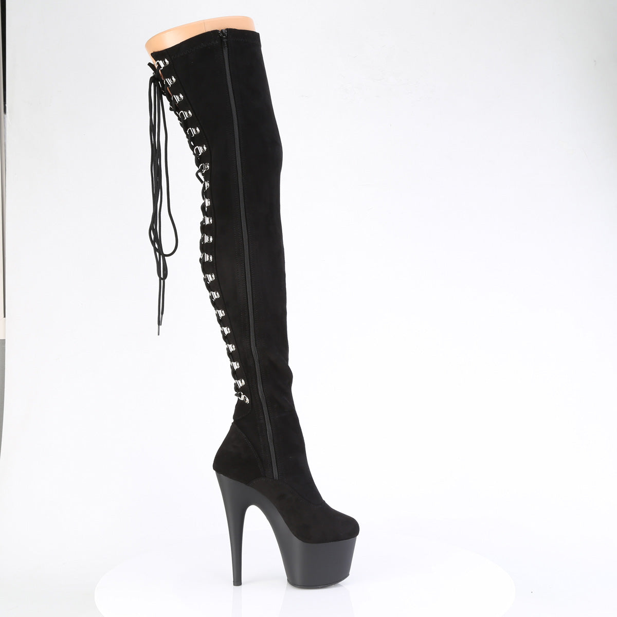 7" Heel, 2 3/4" PF Rear Lace-Up Stretch Thigh Boot, Side Zip (Pleaser ADO3063/B/M)