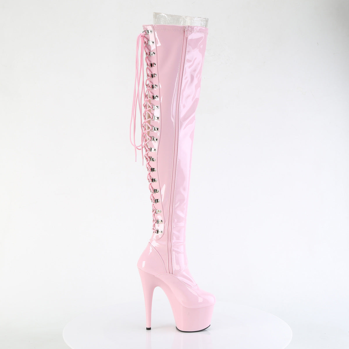 7" Heel, 2 3/4" PF Rear Lace-Up Stretch Thigh Boot, Side Zip (Pleaser ADO3063/B/M)