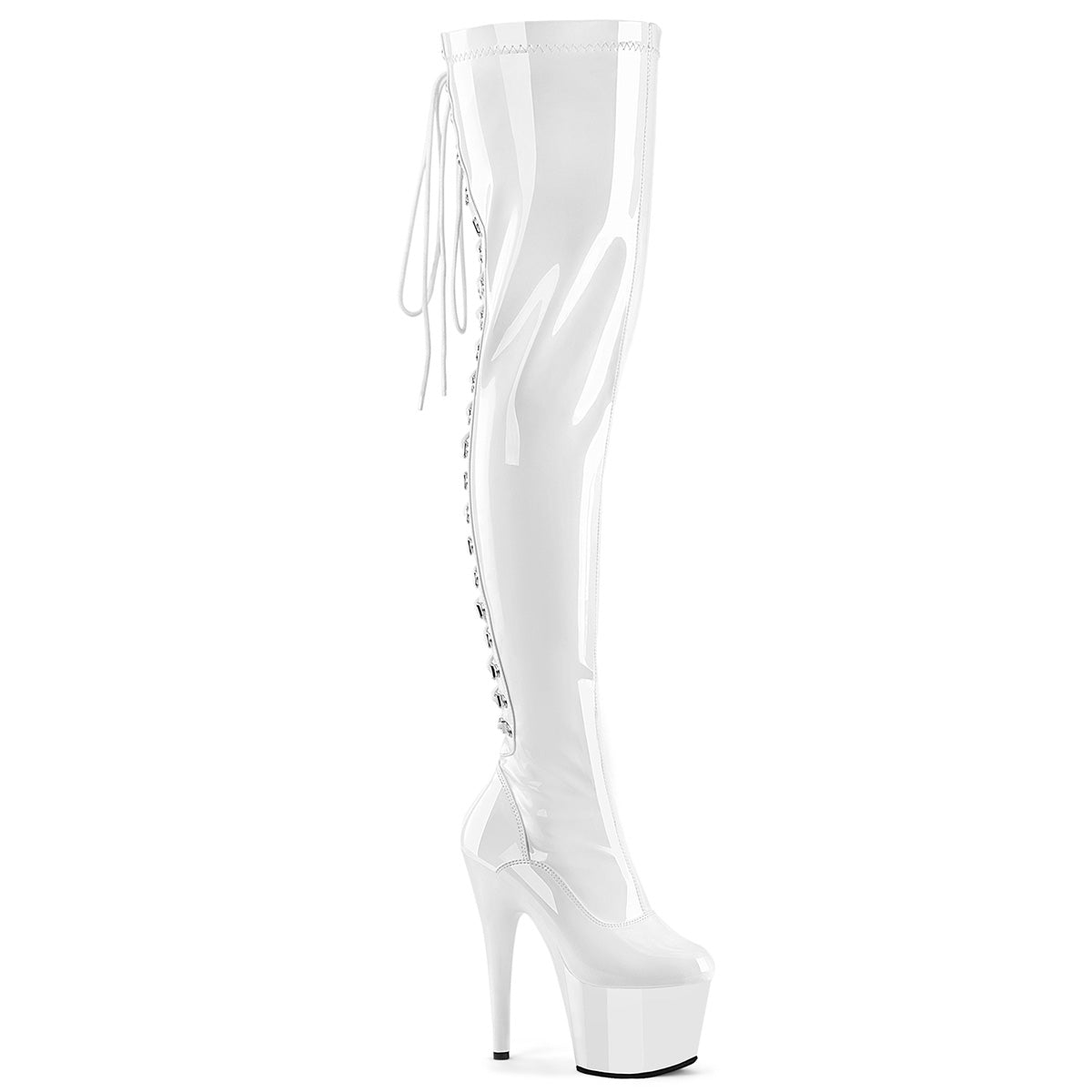 7" Heel, 2 3/4" PF Rear Lace-Up Stretch Thigh Boot, Side Zip (Pleaser ADO3063/B/M)