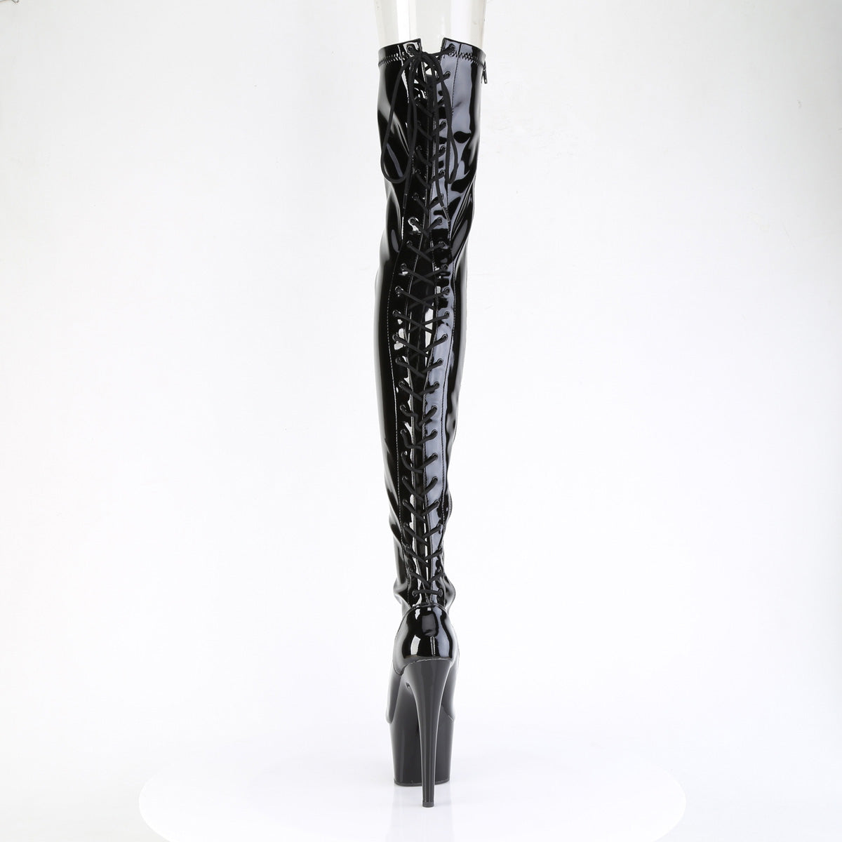 7" Heel, 2 3/4" PF Lace-Up Back Stretch Thigh Boot, Side Zip (Pleaser ADO3850/B/M)