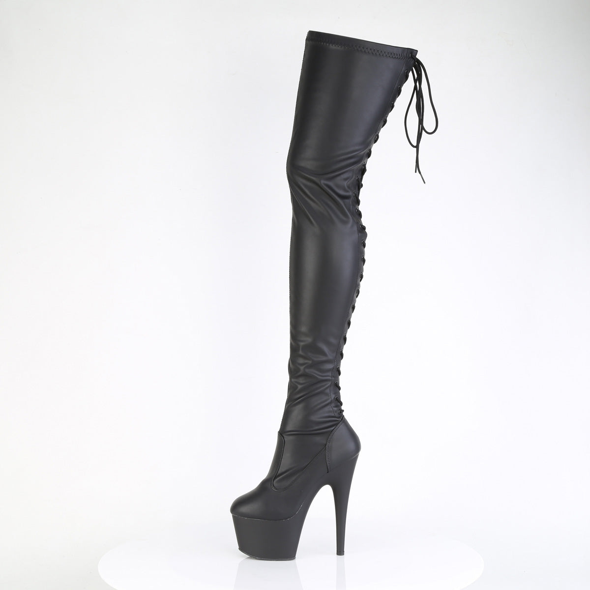 7" Heel, 2 3/4" PF Lace-Up Back Stretch Thigh Boot, Side Zip (Pleaser ADO3850/B/M)