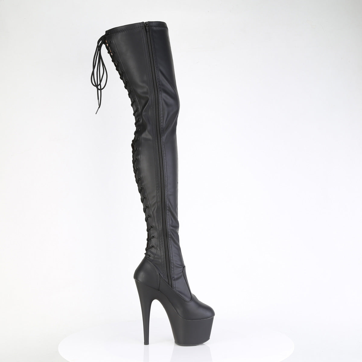 7" Heel, 2 3/4" PF Lace-Up Back Stretch Thigh Boot, Side Zip (Pleaser ADO3850/B/M)