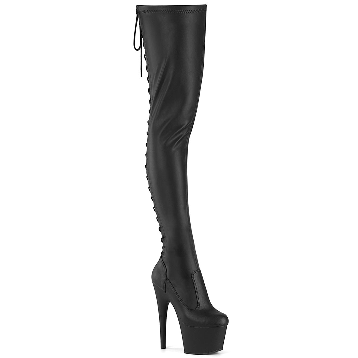 7" Heel, 2 3/4" PF Lace-Up Back Stretch Thigh Boot, Side Zip (Pleaser ADO3850/B/M)