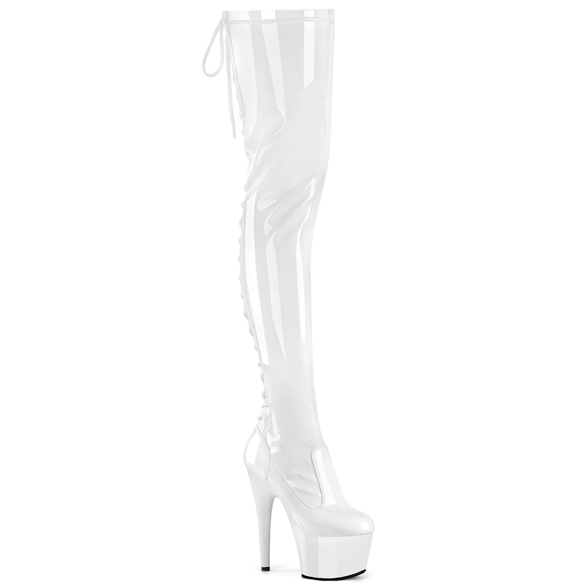 7" Heel, 2 3/4" PF Lace-Up Back Stretch Thigh Boot, Side Zip (Pleaser ADO3850/B/M)