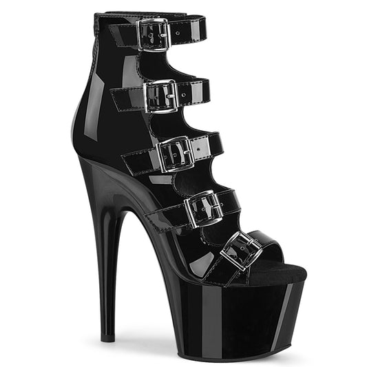7" Heel, 2 3/4" PF Buckle-Up Strappy Ankle Bootie, Back Zip (Pleaser ADO700-33/B/M)