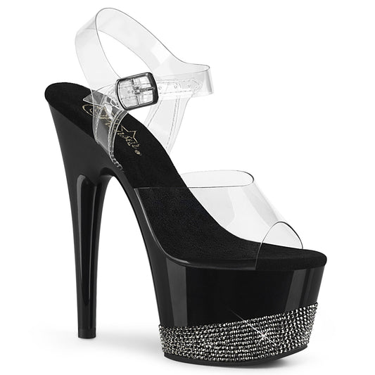7" Heel, 2 3/4" PF Ankle Strap Sandal w/ Rhinestone Platform (Pleaser ADO708-3/C/B-PW)