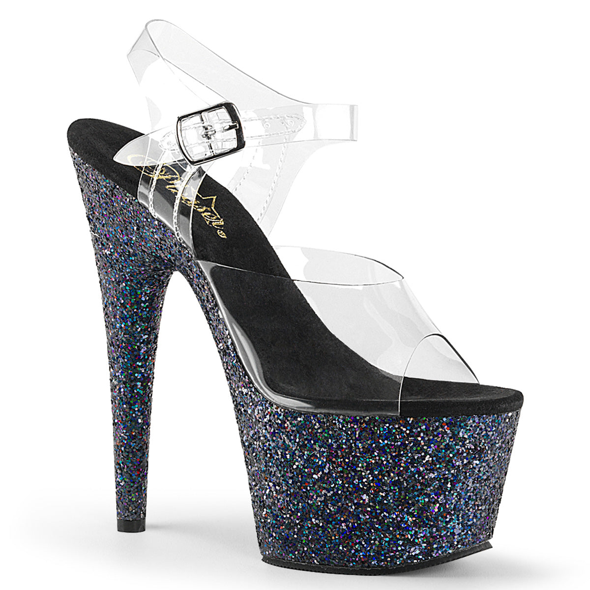7" Heel, 2 3/4" PF Ankle Strap Sandal w/ Holo Glitter Bottom (Pleaser ADO708LG/C/BBG)
