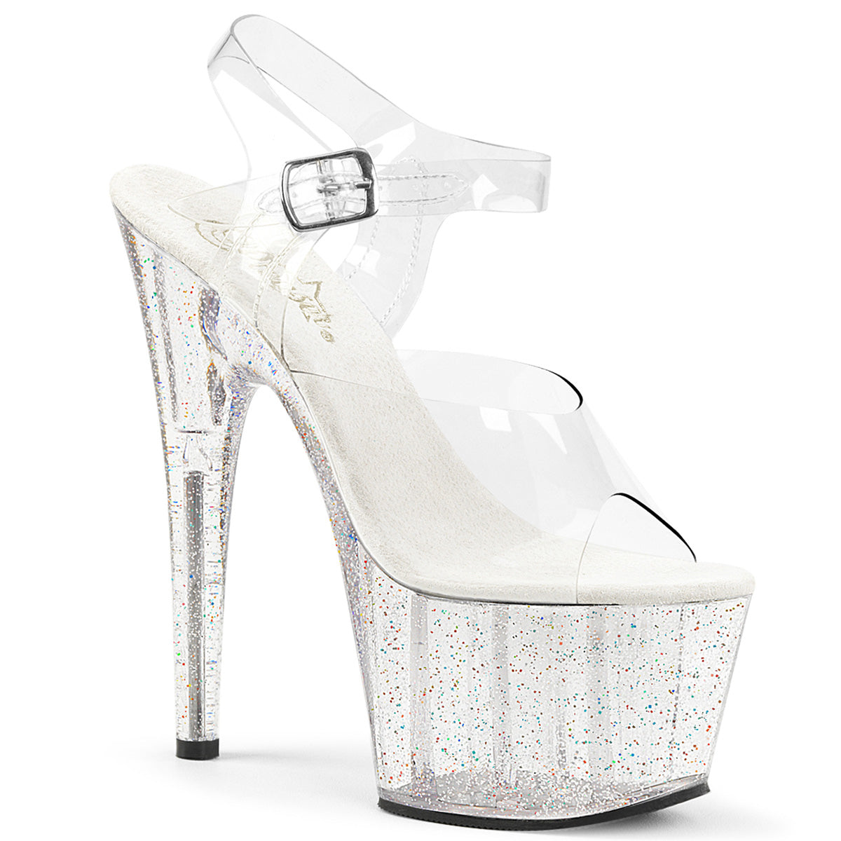 7" Heel, 2 3/4" PF Ankle Strap Sandal w/Mini Glitter (Pleaser ADO708MG/C/B)
