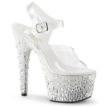 7" Heel, 2 3/4" PF Ankle Strap Sandal w/Glitter & Stones (Pleaser ADO708MR-5/C/W-S)