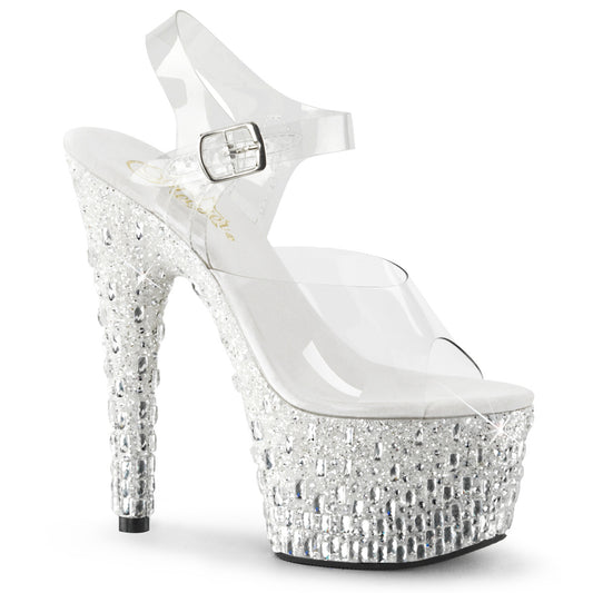 7" Heel, 2 3/4" PF Ankle Strap Sandal w/Glitter & Stones (Pleaser ADO708MR-5/C/W-S)