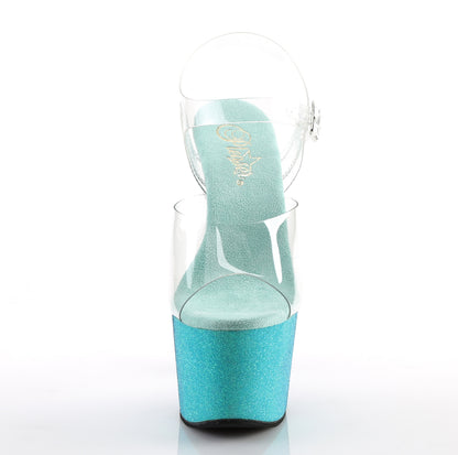 *7" Heel, 2 3/4" Ombre Glittered PF Ankle Strap Sandal (Pleaser ADO708OMBRE/C/AQ-BL)