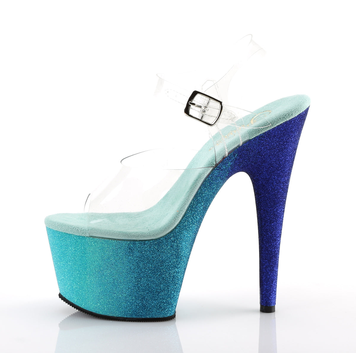 *7" Heel, 2 3/4" Ombre Glittered PF Ankle Strap Sandal (Pleaser ADO708OMBRE/C/AQ-BL)