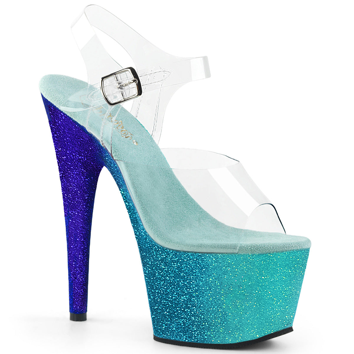 *7" Heel, 2 3/4" Ombre Glittered PF Ankle Strap Sandal (Pleaser ADO708OMBRE/C/AQ-BL)