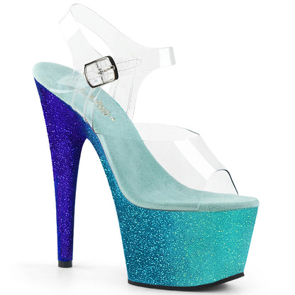 *7" Heel, 2 3/4" Ombre Glittered PF Ankle Strap Sandal (Pleaser ADO708OMBRE/C/AQ-BL)